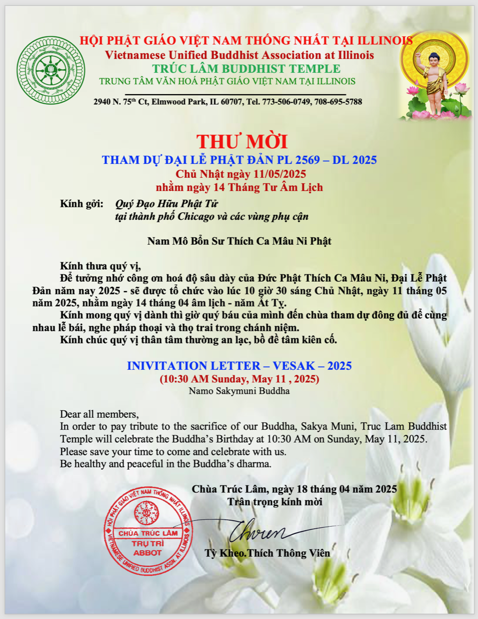 Thư Mời Đại Lễ Phật Đản 2025 - Chùa Trúc Lâm Chicago